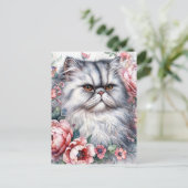 ペルシャ猫ピンクの花水彩画 ポストカード (スタンド正面)