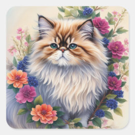 ペルシャ猫数々の色の花 スクエアシール