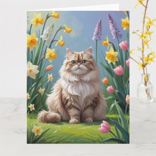 ペルシャ猫 春の花 絵画 カード (黄色い花)