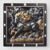 ペルシュロンの馬の時間:金ゴールドメタル、カスタムアートストーム スクエア壁時計 (正面)