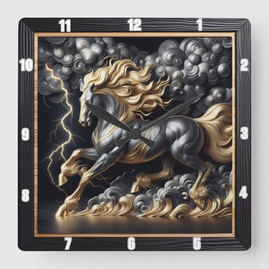 ペルシュロンの馬の時間:金ゴールドメタル、カスタムアートストーム スクエア壁時計 (正面)