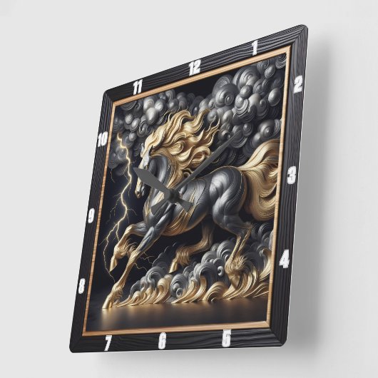 ペルシュロンの馬の時間:金ゴールドメタル、カスタムアートストーム スクエア壁時計 (傾斜)