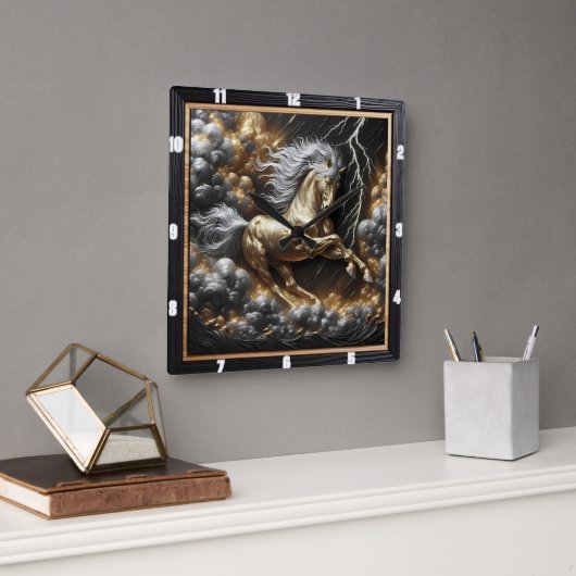 ペルシュロン馬デザイン:カスタム金ゴールド、メタルタイムセント スクエア壁時計 (オフィス)