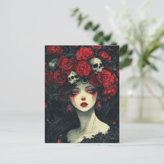 ペルセフォン赤い花とスカル ポストカード (スタンド正面)