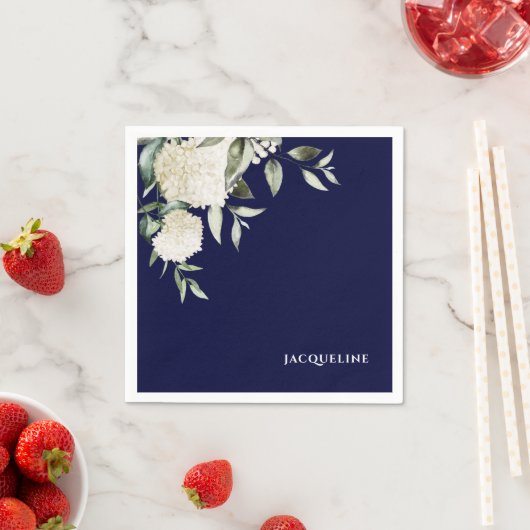 ペルソナライズネイビーホワイトアジサイブライダルシャワー スタンダードカクテルナプキン (インサイチュ)