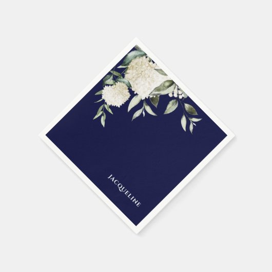 ペルソナライズネイビーホワイトアジサイブライダルシャワー スタンダードカクテルナプキン (角)