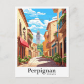 ペルピニャンフランスアートヴィンテージトラベルイラストレーション ポストカード (正面)