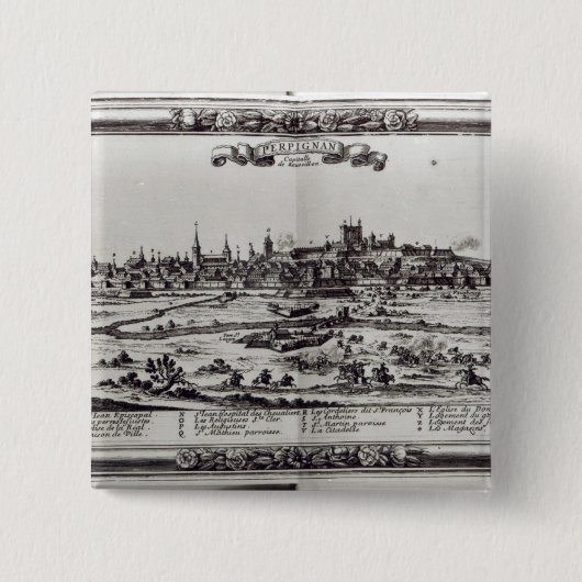 ペルピニャン、南フランス、c.1645の眺め 缶バッジ (正面)