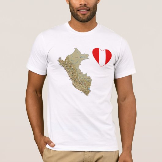 ペルーの旗のハートおよび地図のTシャツ Tシャツ (正面)