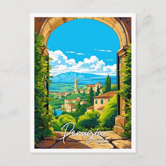 ペルージャイタリアヴィンテージ旅行イラストレーション ポストカード (正面)