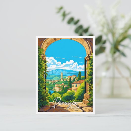 ペルージャイタリアヴィンテージ旅行イラストレーション ポストカード (スタンド正面)