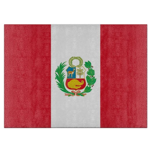ペルー国旗を掲げたガラス製板 カッティングボード (正面)