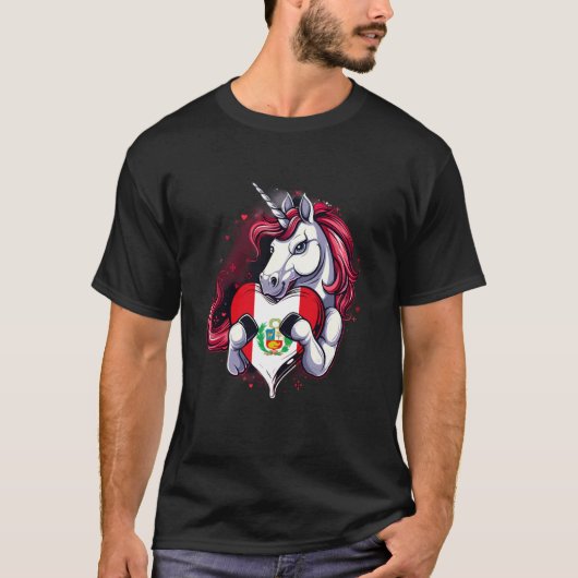 ペルー国旗ユニコーン ペルーのルーツ ペルーの誇り 彼 Tシャツ (正面)