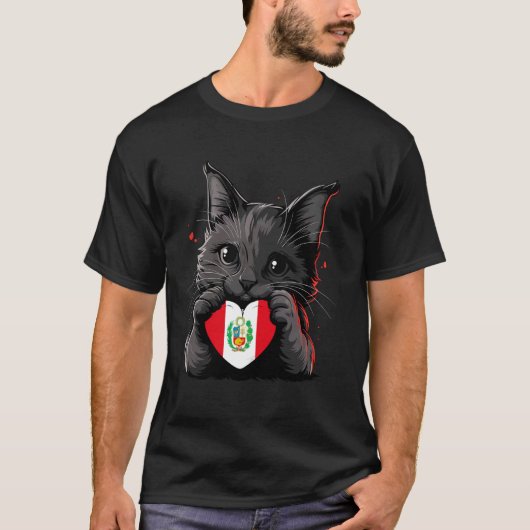 ペルー国旗 ペルーに根ざす 猫 ハート ペルーの誇り Tシャツ (正面)