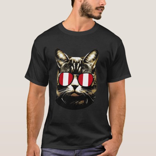 ペルー猫ペルー国旗サングラス愛国猫L Tシャツ (正面)