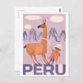 ペルー、大きなラマ、ヴィンテージ旅行を持つ少年 ポストカード (正面/裏面)