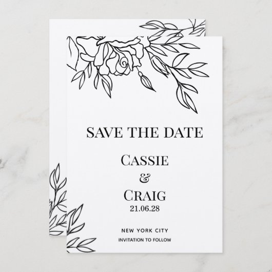 ペンとインクのバラ結婚式の日付を保存 招待状 (正面/裏面)