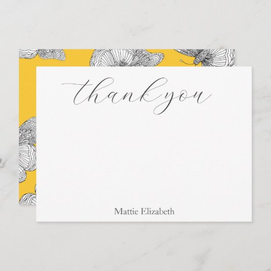 ペンとインクの蝶のパターン黄色の背景 サンキューカード (正面/裏面)