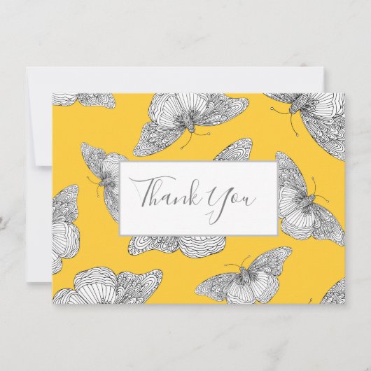 ペンとインクの蝶のパターン黄色の背景 サンキューカード (正面)