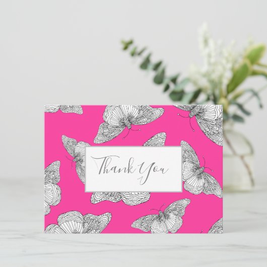 ペンとインクの蝶パターン熱いピンク背景 サンキューカード (スタンド正面)