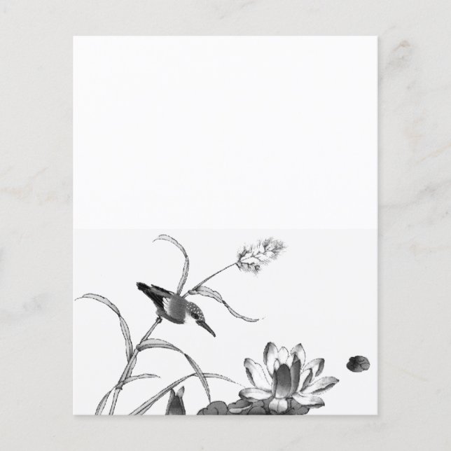 ペンとインクスケッチ池蓮と鳥 (正面)