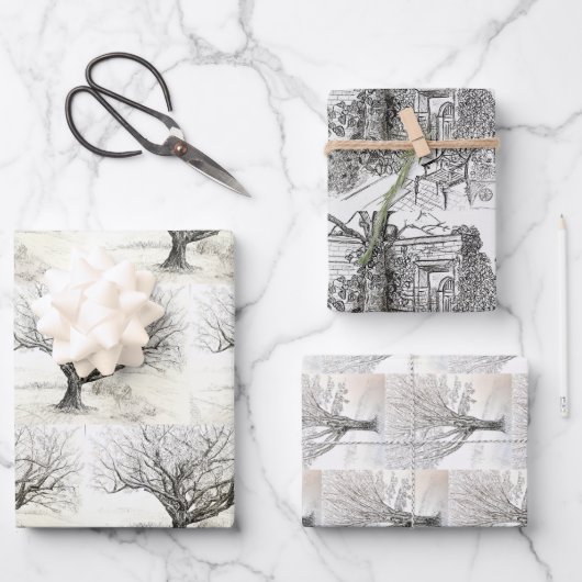 ペンとインクツリースケッチ ラッピングペーパーシート (正面)