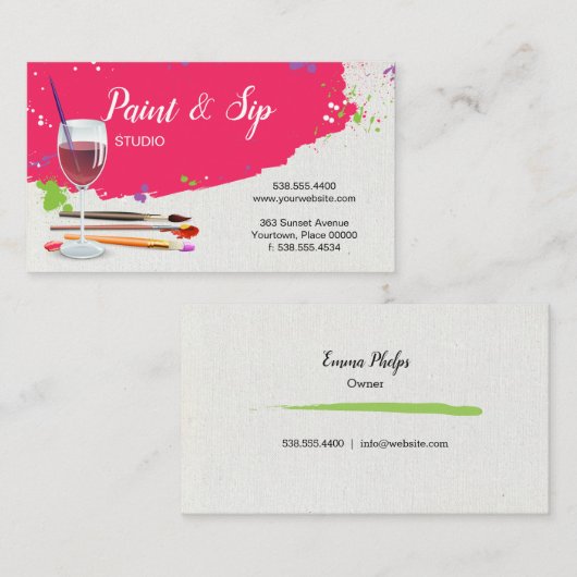 ペンキおよび一口のワイングラスの芸術のスタジオ 名刺 (正面/裏面)