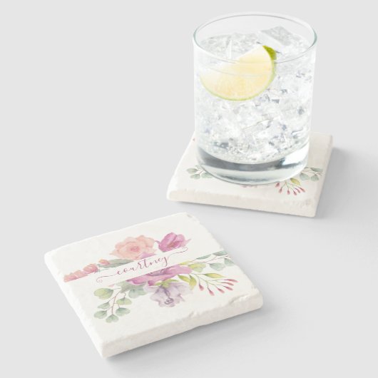 ペンキとピンクの水彩花のオーダーメイド ストーンコースター (横)