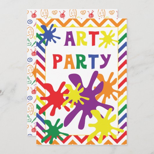 ペンキの(ばちゃばちゃ)跳ねるの芸術のパーティー5x7の誕生日の招待状 招待状 (正面/裏面)