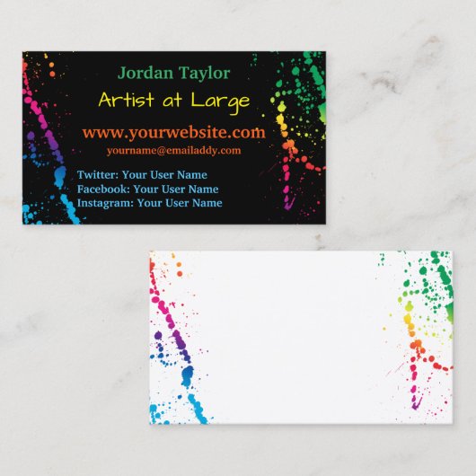 [ペンキの（ばちゃばちゃ）跳ねる]モダンな抽象画家の黒 名刺 (正面/裏面)
