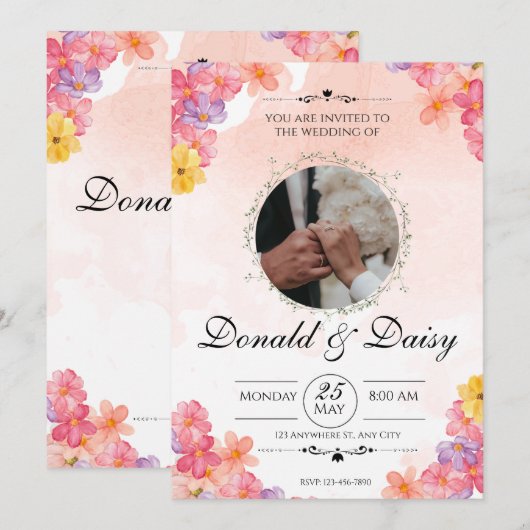 ペンキ ミニマリスト フラワー ウェディング インビテーション カード (正面/裏面)