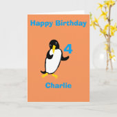 ペンギおもしろいン誕生日、名前の年齢の前を追加 カード (黄色い花)