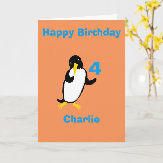 ペンギおもしろいン誕生日、名前の年齢の前を追加 カード (黄色い花)