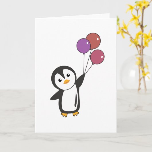 ペンギンおもしろいが風船で飛び上がる カード (黄色い花)