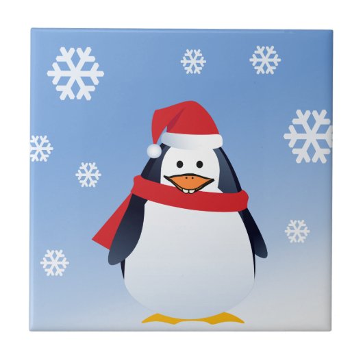 ペンギンおもしろいクリスマスサンタクロース雪の結晶 タイル (正面)