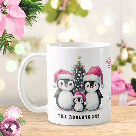 ペンギンおもしろいズファミリー名ピンククリスマス コーヒーマグカップ