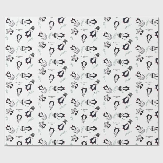 ペンギンおもしろいズファミリー白黒レッドクリスマス ラッピングペーパー (フラット)