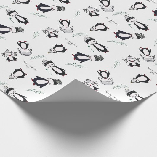 ペンギンおもしろいズファミリー白黒レッドクリスマス ラッピングペーパー (角)