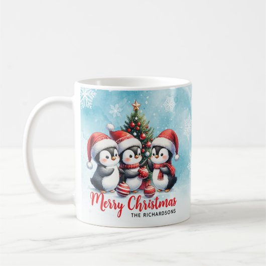ペンギンおもしろいズブルーとレッド・メリークリスマス コーヒーマグカップ (左)