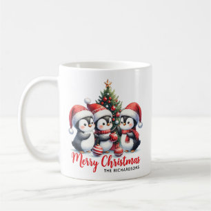 ペンギンおもしろいズホワイト&レッド・メリークリスマス コーヒーマグカップ