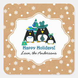 ペンギンおもしろいファミリーカスタムクリスマスのシール スクエアシール