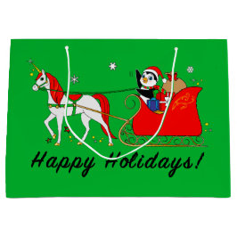 ペンギンおよびそりとのクリスマスのユニコーン ラージペーパーバッグ