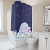 ペンギンおよび白くまのクリスマスのシャワー・カーテン シャワーカーテン (インサイチュ)