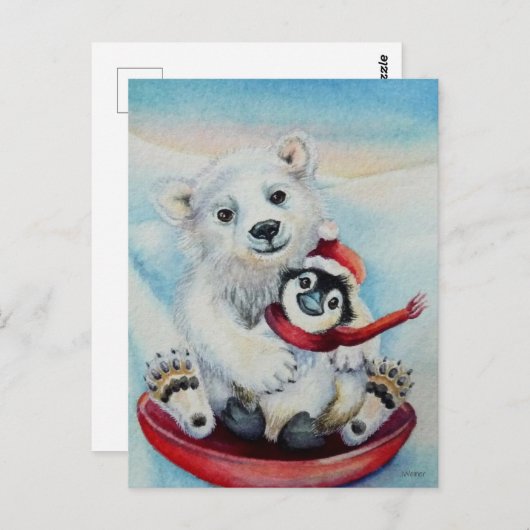 ペンギンお洒落とポーラベアウォーターカラーアート ポストカード (正面/裏面)