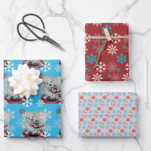 ペンギンお洒落とポーラベアウォーターカラーアート ラッピングペーパーシート (正面)