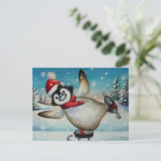 ペンギンお洒落アイススケートで滑るウォーターカラーアート ポストカード (スタンド正面)