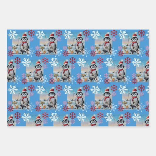 ペンギンお洒落アイス魚釣りウォーターカラーアート ラッピングペーパーシート (正面)