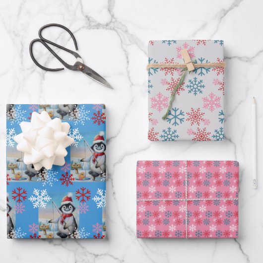 ペンギンお洒落アイス魚釣りウォーターカラーアート ラッピングペーパーシート (正面)