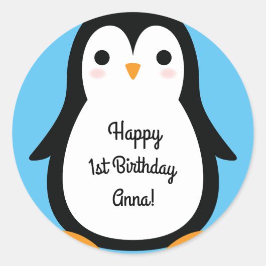 ペンギンかわいい冬の一歳の誕生日シール ラウンドシール (正面)