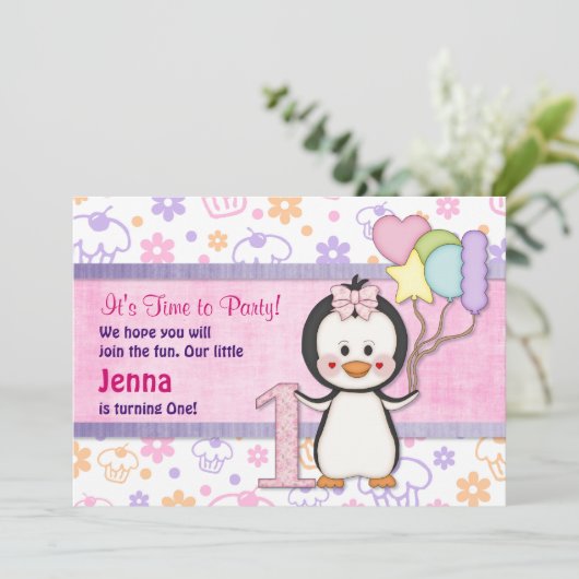 ペンギンかわいこちゃん – ガールファースト誕生日 招待状 (スタンド正面)
